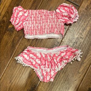 Flap HappyUPF 50+ Gemma Two-Piece Smocked Seahorse Pom-Pom Swimsuit. Size 5.